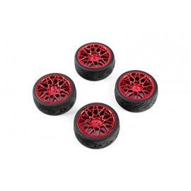 YEAH RACING Spec T LS Wheel Offset 3 with Tire for 1/10 Touring RED (4pcs) 