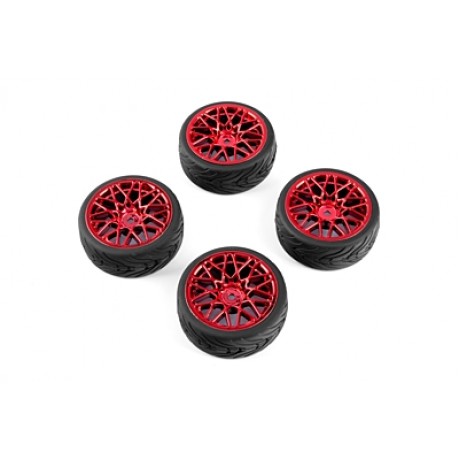YEAH RACING Spec T LS Wheel Offset 3 with Tire for 1/10 Touring RED (4pcs)
